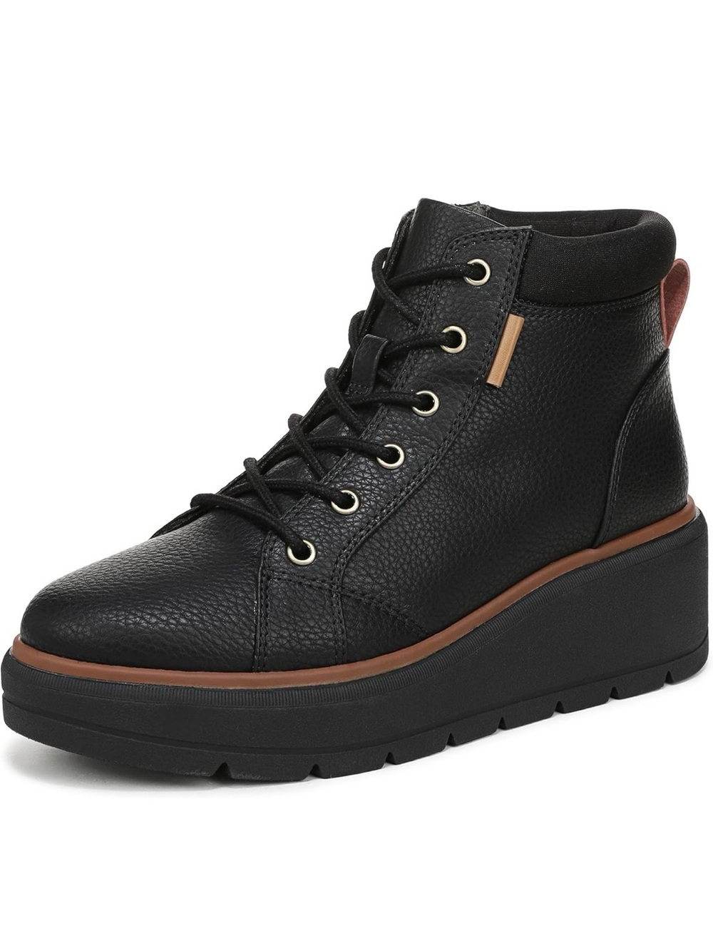 Dr. Scholls Women’s Black Lace-Up Wedge Ankle Boots with Brown Trim - Picture 3 of 7